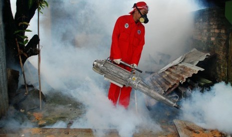 Petugas melakukan pengasapan (fogging) untuk memutuskan siklus hidup nyamuk aedes aegypti penyebab demam berdarah.