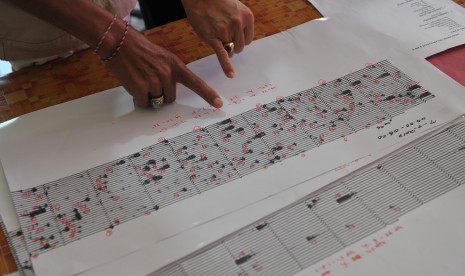 Petugas membaca grafik seismogram hasil pemantauan aktifitas Gunung Agung di Pos Pemantauan Desa Rendang, Karangasem, Bali, Selasa (19/9). 