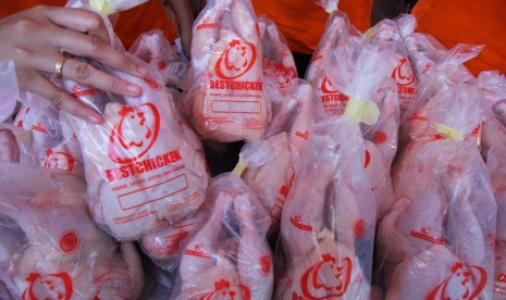 Petugas menata ayam boiler murah yang dijual saat operasi pasar mandiri di Surabaya, Jawa Timur, Sabtu (28/7).