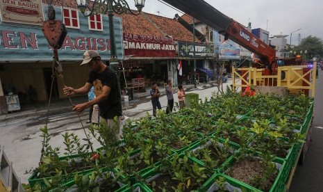 Petugas menata bunga jenis Asoka di kawasan pedestrian Malioboro, Yogyakarta, DI Yogyakarta.