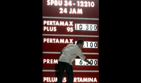 Petugas mengganti papan angka harga Bahan Bakar Minyak (BBM) di SPBU