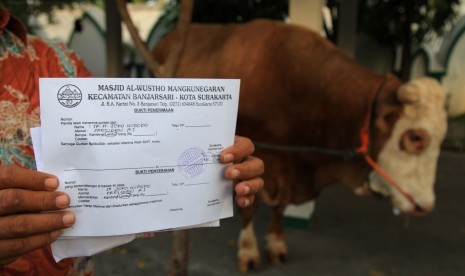 Petugas menunjukkan bukti penyerahan sapi kurban milik Presiden Joko Widodo kepada pengurus Masjid Alwustho, Mangkunengaran, Solo, Jawa Tengah, Rabu (23/9). 