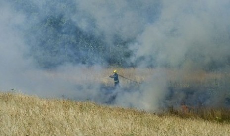 Petugas pemadam kebakaran di Inggris berupaya mengatasi kebakaran semak. Gelombang panas membuat rumput dan semak kering mudah terbakar.