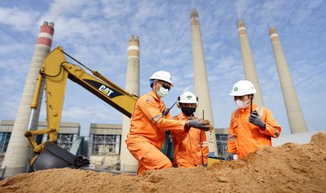 Petugas PLN melakukan pengecekan terhadap biomassa yang akan digunakan sebagai substitusi bahan bakar batu bara di lPLTU Suralaya, Cilegon, Banten.