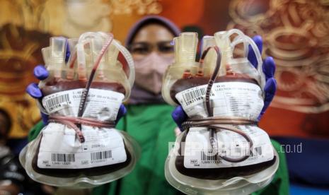 Petugas PMI menunjukkan stok darah usai pelaksanaan donor darah (ilusrasi)