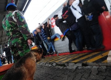 Petugas POM TNI membawa anjing pelacak di sebuah stasiun. Ilustrasi.