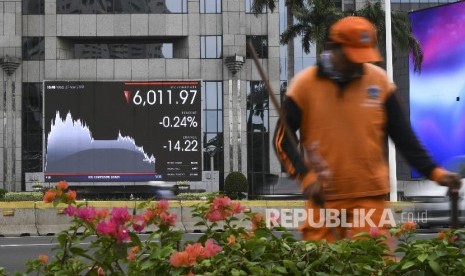 Petugas PPSU menyapu trotoar dengan latar belakang layar pergerakan saham di jalan Jenderal Sudirman Jakarta, Rabu (27/11). Indeks Harga Saham Gabungan (IHSG) bergerak melemah pada pembukaan perdagangan hari terakhir 2019, Senin (30/12). 