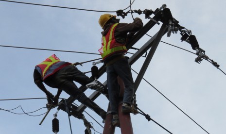 Petugas sedang memperbaiki jaringan listrik