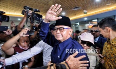 Pimpinan Ponpes Al-Zaytun, Panji Gumilang di gedung Bareskrim Polri, Jakarta Selatan.