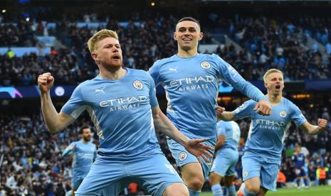 Playmaker Manchester City Kevin De Bruyne (kiri) merayakan gol ke gawang Real Madrid di semifinal Liga Champions.