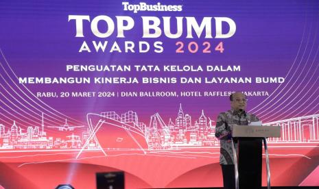 Plh. Dirjen Bina Keuangan Daerah, Kementerian Dalam Negeri (Kemendagri) RI, Horas Maurits Panjaitan, saat menjadi Pembicara Kunci di Penghargaan Top BUMD Awards 2024, di Hotel Raffles Jakarta, Rabu, 20/3/2024.