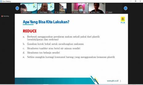 PLN Unit Induk Pusat Pengatur Beban-Unit Pelaksana Pengatur Beban (UP2B) Bali melakukan sosialisasi gerakan antisampah plastik melalui aplikasi Zoom.