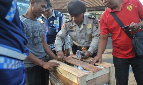 Polisi dan petugas Dinas Perhubungan memeriksa barang bawaan penumpang bus saat inspeksi penduduk pendatang pada arus balik H+4 Lebaran 