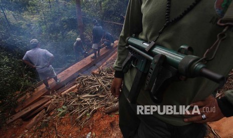 Polisi Kehutanan mengamankan kayu olahan milik pembalak liar (Ilegal logging) di kawasan Telaga Bekancan Taman Nasional Gunung Leuser (TNGL) Kabupaten Langkat, Sumatera Utara, Senin (22/5). Dalam patroli tersebut BBTNGL menemukan puluhan pohon telah ditebang pelaku pembalakan liar yang kini dalam proses penyidikan.