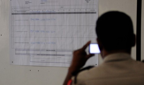 Polisi memotret hasil rekapitulasi surara Pilpres 2014-2019 di Kantor Kecamatan Menteng, Jakarta, Ahad (13/7). Rekapitulasi suara tingkat kecamatan akan berakhir hingga Selasa (15/7).