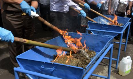 Polisi memusnahkan barang bukti narkotika saat konferensi pers hasil pengungkapan kasus narkoba di Mapolda Bali, Denpasar, Bali, Rabu (17/11/2021). Direktorat Reserse Narkoba (Ditresnarkoba) Polda Bali memusnahkan barang bukti narkotika hasil pengungkapan kasus selama enam bulan terakhir di tahun 2021 yang terdiri dari sabu-sabu 65,46 gram, ganja 5318,47 gram, ekstasi 230 butir, dan psikotropika 50 butir.