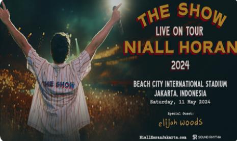 Poster konser Niall Horan di Jakarta. Konser akan dibuka oleh penyanyi Kanada, Elijah Woods.