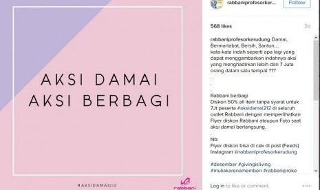 Pengumuman potongan harga dari akun Instagram Rabbani bagi peserta aksi 212.