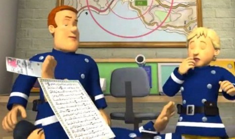 Potongan adegan di kartun Fireman Sam dimana salah satu tokohnya terpelesat dan jatuh di tumpukan kertas, termasuk halaman Alquran.