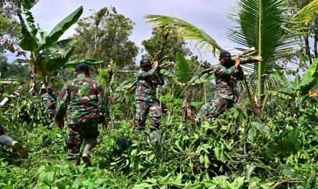 Prajurit TNI membersihkan kebun kopi milik Perhutani di Desa Sumber Mujur, Candipuro, Lumajang, Jawa Timur,