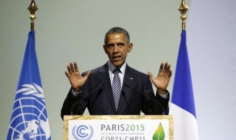 Presiden AS Barack Obama dalam salah satu sesei COP 21 di Paris, Prancis