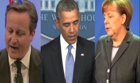 Presiden AS, Barack Obama, Kanselir Jerman, Angela Merkel, PM Inggris, David Cameron. 