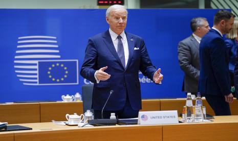 Presiden AS Joe Biden dalam pertemuan di Brussels, Kamis (24/3/2022). Biden akan berargumen dalam pidatonya di Polandia pada Sabtu bahwa 