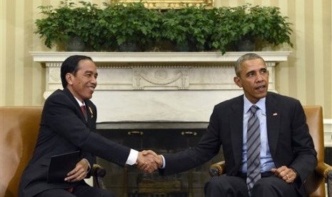 Presiden Barack Obama menerima kunjungan Presiden Joko Widodo di Gedung Putih, Washington,  Senin (26/10).