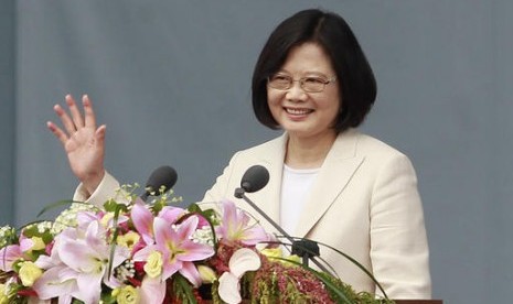 Presiden baru Taiwan Tsai Ing-wen memberikan pidato saat pelantikannya di Taipei, Jumat, 20 Mei 2016.