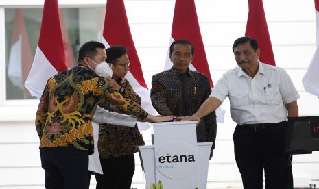 Presiden Joko Widodo (kedua kanan) didampingi Menteri Kesehatan Budi Gunadi Sadikin (kedua kiri) disaksikan Menko Marves Luhut Pandjaitan (kanan) dan Direktur Utama Etana Biotechnologies Indonesia Nathan Tirtana (kiri) meresmikan pabrik biofarmasi di Kawasan Industri Pulo Gadung, Jakarta, Jumat (7/10/2022). Pabrik biofarmasi Etana Biotechnologies Indonesia akan mengembangkan vaksin berbasis mRNA dan diharapkan mampu membangun kemandirian industri farmasi dan memenuhi kebutuhan vaksinasi di Indonesia.