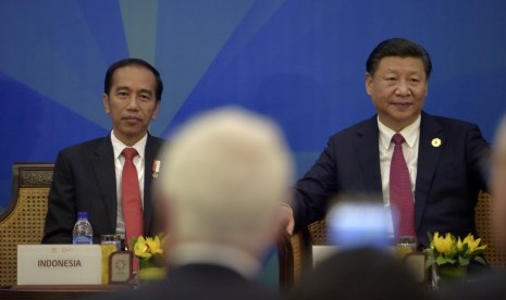 Presiden Joko Widodo (kiri) besama Presiden China Xi Jinping (kanan) saat melakukan dialog antara Pimpinan negara ekonomi dengan APEC Business Advisory Council (ABAC) di Da Nang, Vietnam, Jumat (10/11).