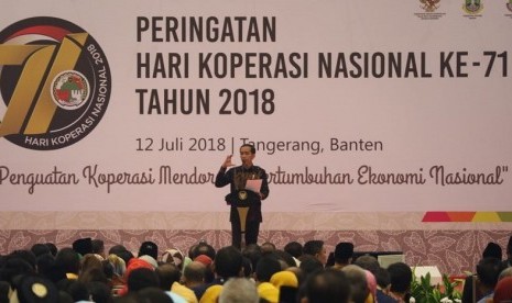 Presiden Joko Widodo menghadiri perayaan Hari Koperasi Nasional ke-71 di ICE, Tangerang, Kamis (12/7). 