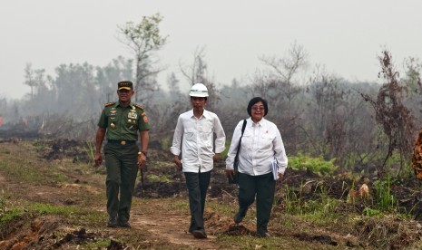 Presiden Joko Widodo (tengah) bersama Panglima TNI Jenderal Gatot Nurmantyo dan Menteri Lingkungan Hidup dan Kehutanan Siti Nurbaya saat meninjau penanganan kebakaran lahan di Desa Rimbo Panjang Kabupaten Kampar, Riau, Jumat (9/10). (Antara/FB Anggoro)