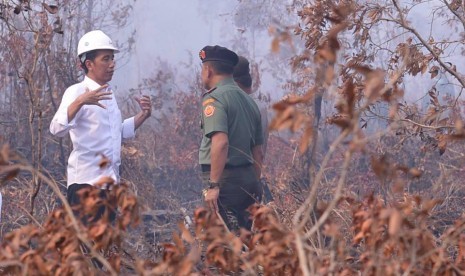 Presiden Jokowi berbincang dengan Panglima TNI Jenderal Gatot Nurmantyo saat meninjau lokasi kebakaran hutan di OKI, Sumsel.