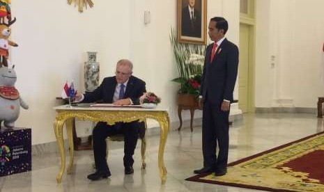 Presiden Jokowi menerima kunjungan kenegaraan Perdana Menteri Australia Scott Morrison di Istana Kepresidenan Bogor, Jawa Barat, Jumat (30/8). 