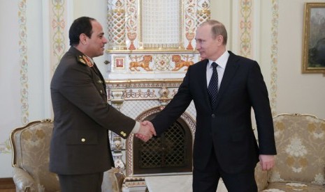 Presiden Mesir Abdul Fatah as-Sisi ketika bertemu Perdana Menteri Rusia, Vladimir Putin di Novo-Ogaryovo pada 13 Februari 2014.