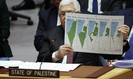  Presiden Palestina Mahmoud Abbas menunjukkan peta negaranya pada 1917, 1937, 1947, 1967, dan 2020 di pertemuan Dewan Keamanan PBB, ilustrasi