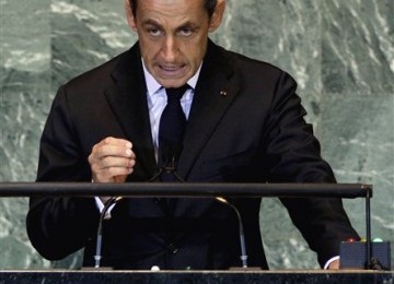 Presiden Prancis Nicola Sarkozy saat berpidato di Majelis Umum PBB, Rabu