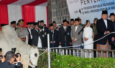 Presiden Susilo Bambang Yudhoyono menyerahkan sapi kurban ke pengurus Masjid Istiqlal Jakarta usai salat Iedul Adha 1432 lalu