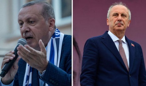 Presiden Turki Recep Tayyip Erdogan (kiri) dan pesaing utamanya, Muharrem Ince (kanan).