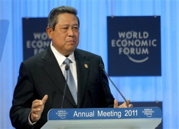 Presiden SBY di Davos saat menyampaikan pidato tentang kebijakan energi dan lingkungan.