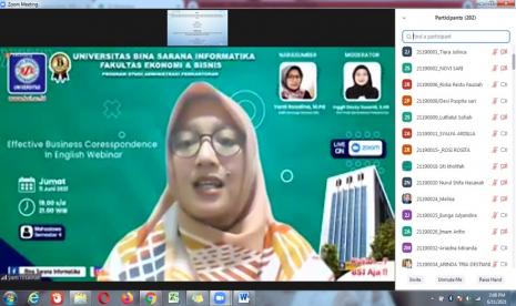 Prodi Administrasi Perkantoran bersama Lembaga Bahasa Universitas BSI (Bina Sarana Informatika) berhasil menyelenggarakan ‘Effective Business Correspondence in English Webinar’ untuk mahasiswa semester 4. 