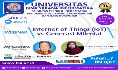 Prodi Ilmu Komputer kampus UBSI akan menggelar webinar dengan tema Internet of Things (IoT) VS Generasi Milenial pada Rabu (16/12) mendatang.