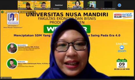 Prodi (program studi) Manajemen, Fakultas Ekonomi dan Bisnis (FEB) Universitas Nusa Mandiri (UNM), sukses menggelar webinar gratis untuk mahasiswa, dosen dan kalangan umum. Tema webinar yang diusung yaitu “Menciptakan SDM yang Berkualitas dan Berdaya Saing pada Era 4 .0”. 