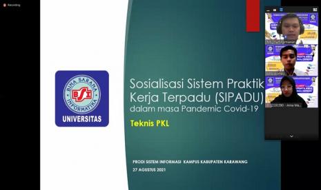 Prodi Sistem Informasi Universitas BSI (Bina Sarana Informatika) kampus Karawang memberikan pemahaman terlebih dulu kepada mahasiswa yang akan melaksanakan magang di semester 5. Pembekalan tersebut dikemas melalui kegiatan sosialisasi Sistem Praktik Kerja Terpadu (Sipadu) yang berlangsung secara daring melalui zoom, Kamis (29/7) silam.