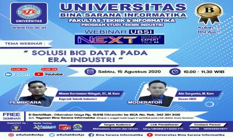  Prodi Teknik Industri UBSI akan menggelar webinar NEXT yang mengupas tema tentang big data di era industri, Sabtu (15/8).