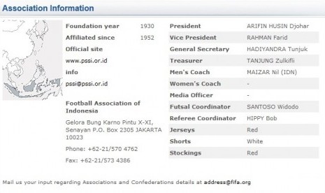 Profil PSSI dan Timnas di situs FIFA, Senin (18/3)