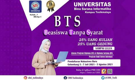 Program BTS bagi calon mahasiswa baru (maba-red) di Universitas BSI kampus Tasikmalaya diberikan dengan tujuan membantu para pelajar yang ingin melanjutkan pendidikan ke perguruan tinggi namun terkendala dengan masalah biaya kuliah