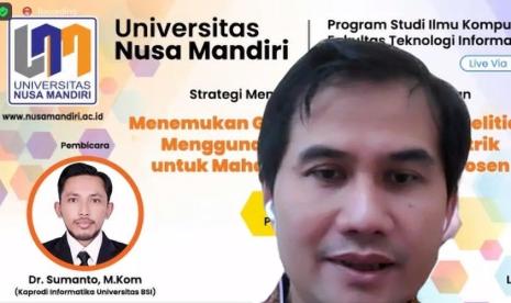 Program Studi (prodi) Magister Ilmu Komputer Fakultas Teknologi Informasi (FTI) Universitas Nusa Mandiri (UNM) sukses menggelar Virtual Workshop Strategi Menentukan Tren Topik Penelitian dengan sub tema Menemukan Gap dan Kontribusi Penelitian Menggunakan Analisis Bibliometrik. 