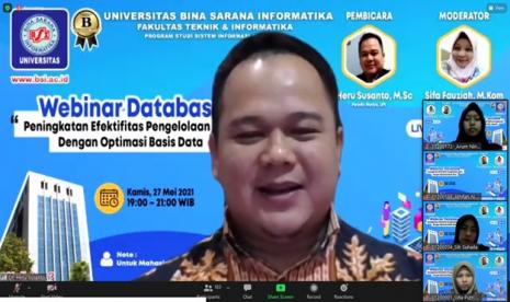 Program studi (prodi) Sistem Informasi Akuntansi (SIA), Fakultas Teknik dan Informatika (FTI), Kampus Universitas BSI (Bina Sarana Informatika), berhasil melaksanakan webinar database dengan tema ‘Peningkatan Efektifitas Pengelolaan Data dengan Optimasi Basis Data’. 